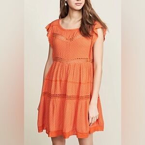 Free People Retro Kitty Crochet Trim Mini Babydoll Dress Tangerine XS